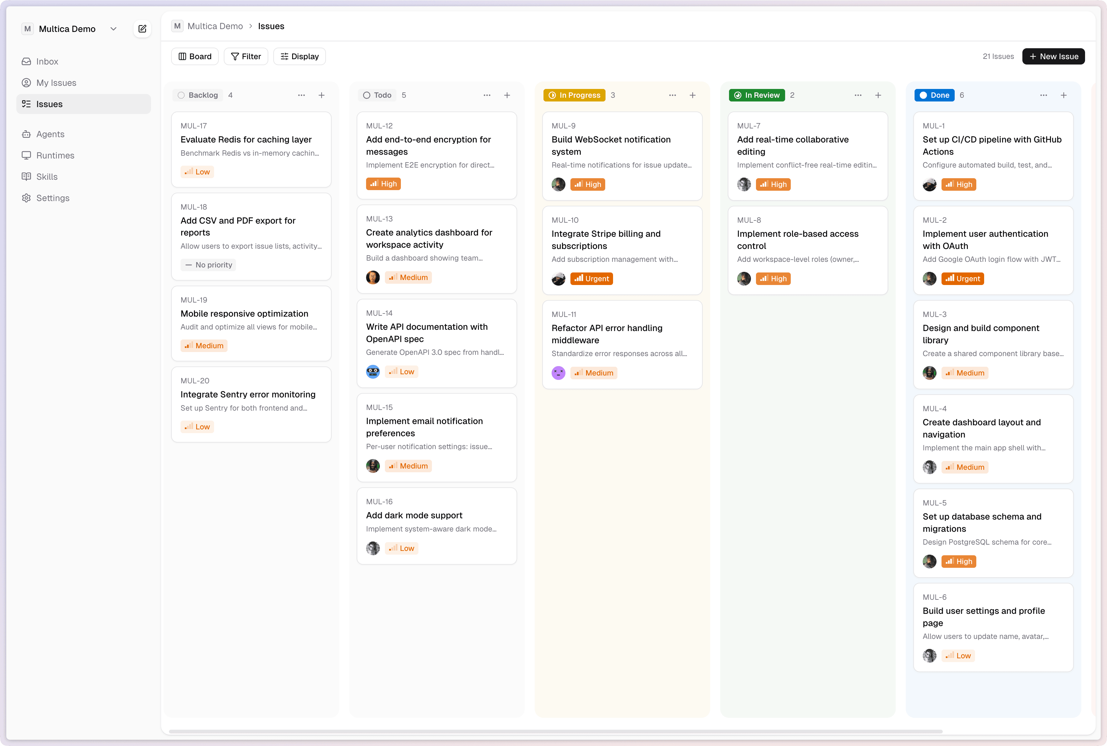 内容中台 board view — issues managed by humans and agents